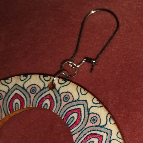 Big Pink Red Blue Wood Hoop Earrings Boho Mandala Bohemian Round Retro Dangles - Picture 3 of 6